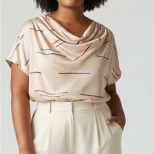 Vintage 70s 80s Nordstrom Cream Red Purple Cowl Neck  short sleeve blouse